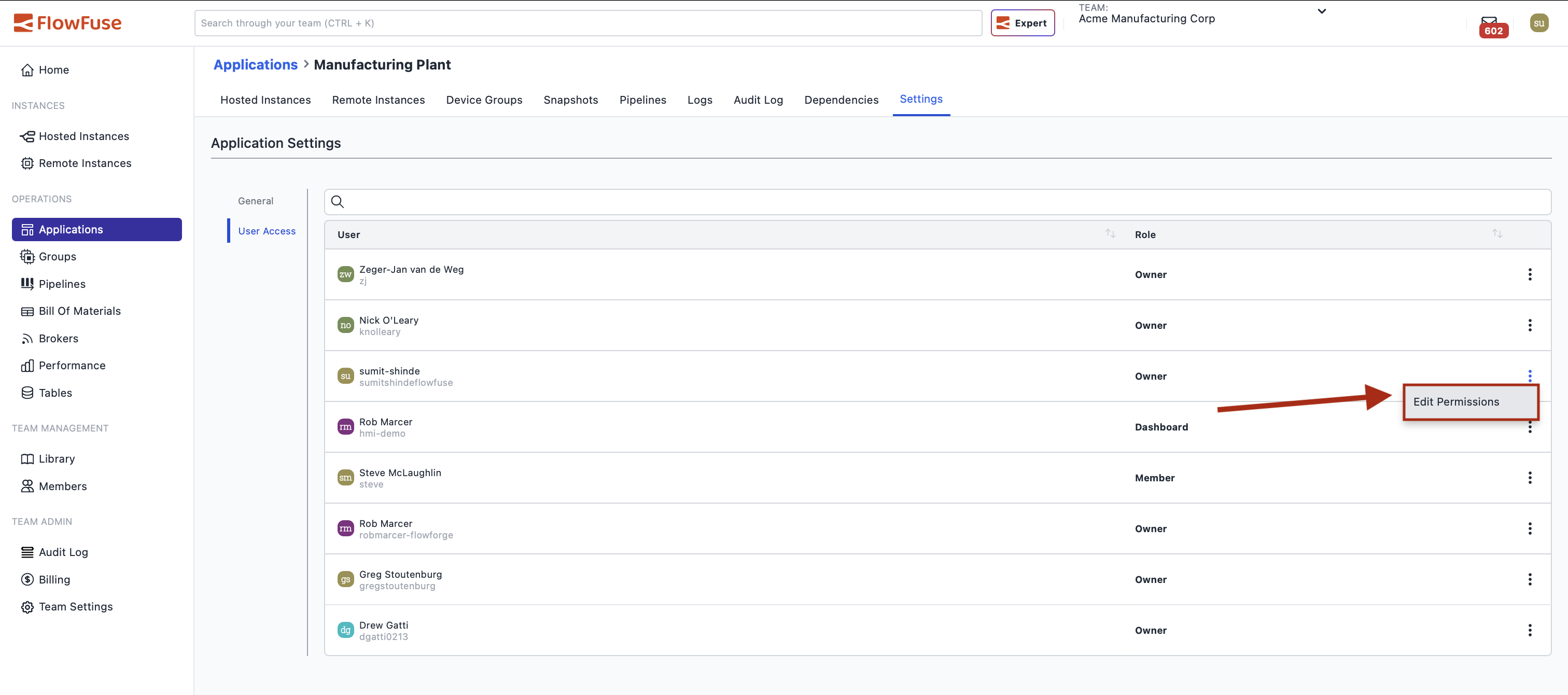 Application user access settings