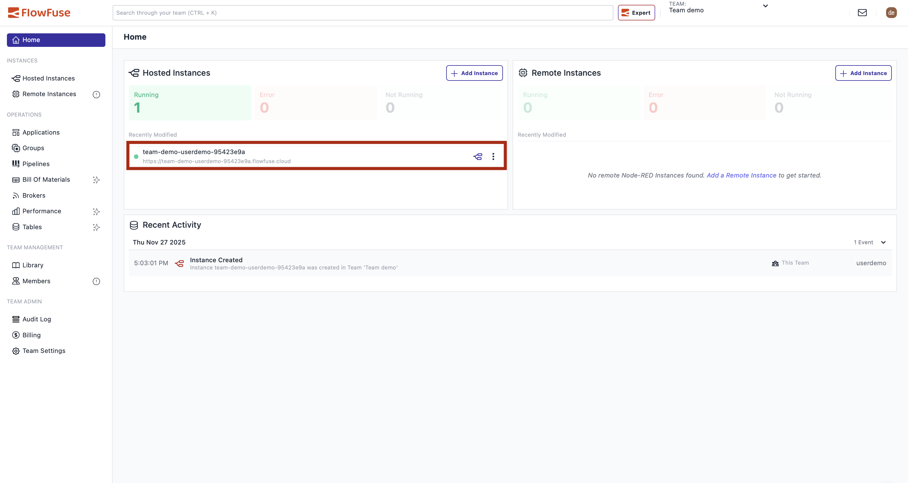 Instance created initial login