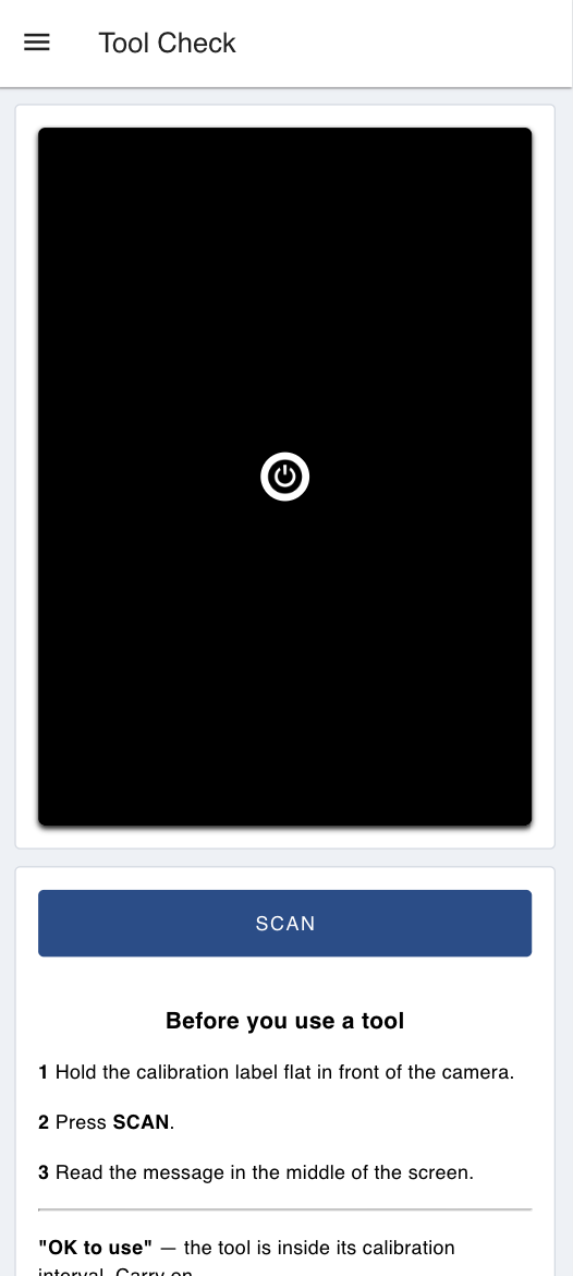 the Tool Check page with the camera preview and SCAN button