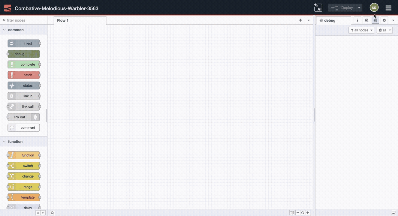 Animation of the Node-RED palette manager: open Manage Palette, search for the node, then click Install.